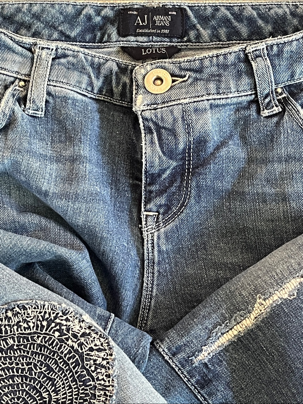 Armani Jeans Lotus Jeans. Boyfriend Distressed Denim Skinny Jeans Embroidered.